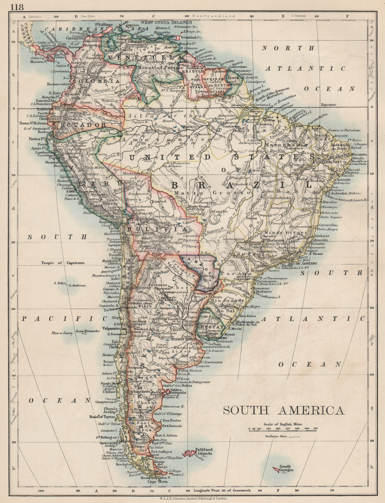 SOUTH AMERICA. Bolivia includes Acre, now in Brazil. JOHNSTON 1903 old map